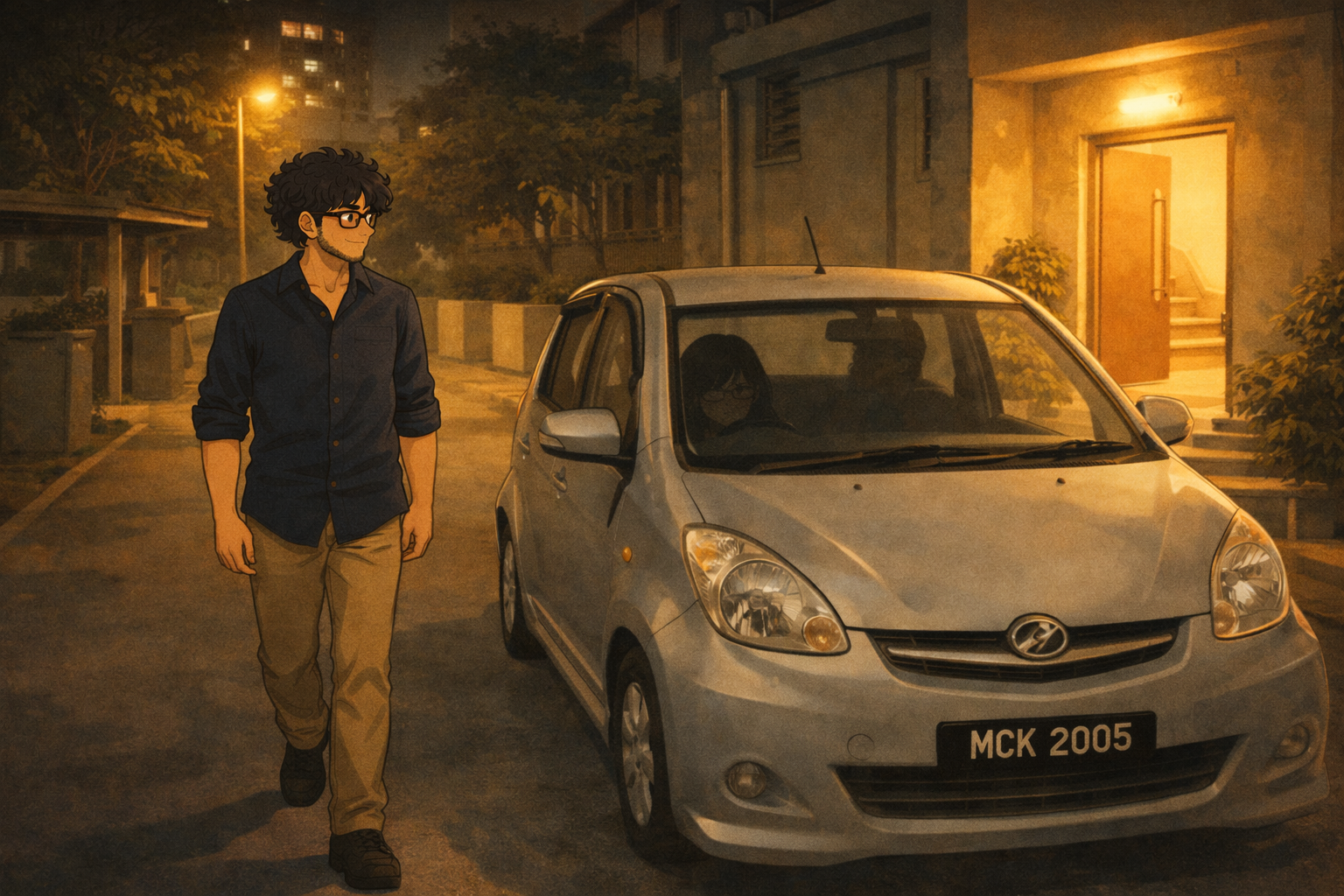 Night scene — a silver Perodua Myvi parked by the back entrance of a condominium. Faris walks toward the car, freshly groomed and nervous. Warm golden streetlight glow.